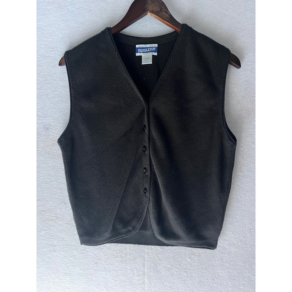 Vintage Pendleton Mens Black Cotton Knit Button Front V-Neck Sweater Vest Medium